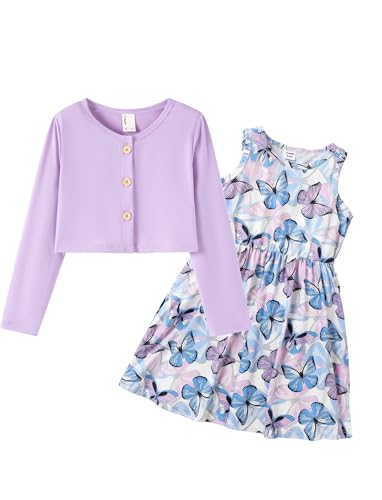 PATPAT Toddler Girl Dress 2 Piece Girl Sleeveless Dress and Cotton Cardigan Set with Pockets, Purple Butterfly, 5-6 Years