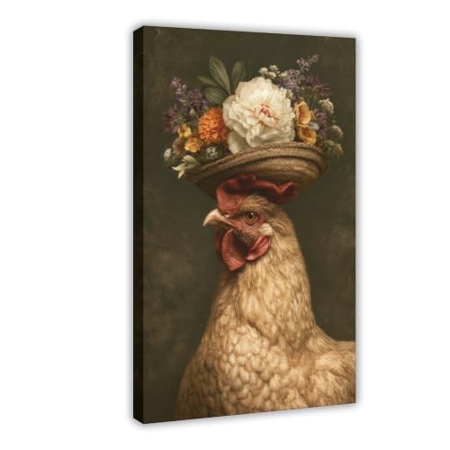 JDBeehpy Retro Hen Canvas Wall Art with Flower Basket Hat Framed 16x24inch