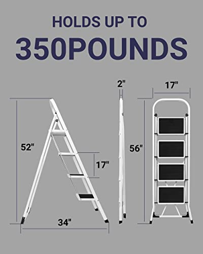 Delxo Step Stool Folding Step Ladder 4 Step Stairs Heavy Duty Steel Sturdy Wide Pedal Lightweight Anti-Slip Portable & Collapsible Long Handrails For Kitchen & Household 350 Lbs. - White & Black #TOP1