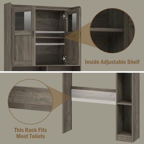 Vabches Over The Toilet Storage Cabinet, Bathroom Shelf Over Toilet with Glass Doors and Adjustable Shelves, Grey Freestanding Home Space Save Toilet Rack, for Restroom, Bathroom, Laundry by Vabches - Image 6