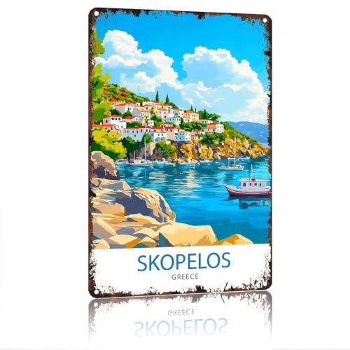 KERUNSM Greece Skopelos Coastal Landscape Decorative Sign, 12X8in Aluminum Vintage Wall Plaque, Retro Rustic Metal Tin Sign for Home Cafe Bar Garage Living Room Wall Decoration, Greek Seaside Town Travel Theme Decor