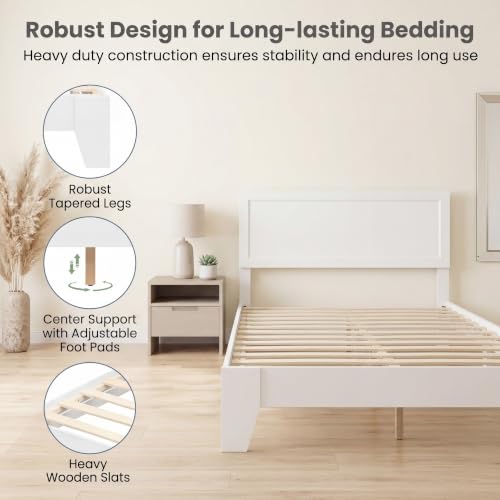 Image of GIANTEX Queen Size Wooden Bed Frame with Headboard, Wood Slat Support | Modern Platform Bed with Heavy Duty Mattress Foundation, Under-Bed Storage, No Box Spring Needed, Easy Assembly (White)