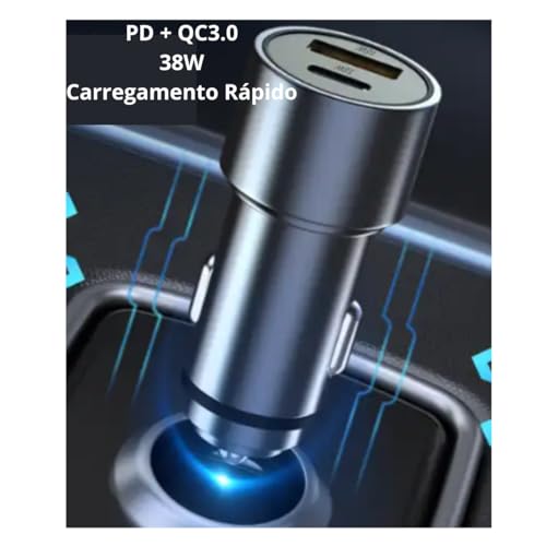 Carregador Veicular Universal 38w Turbo Com 2 Entradas 1 Usb e 1 Tipo C Acompanha Cabo Tipo C Carreg
