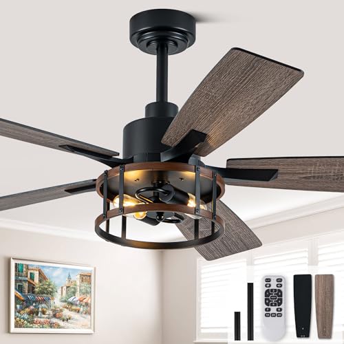 Image of Rustic Ceiling Fan with Lights and Remote, Large Farmhouse Ceiling Fan Caged Fandelier Chandelier, Reversible Quiet DC Motor 6 Speeds for Living Room (Rustic Cage, 52 Inch)