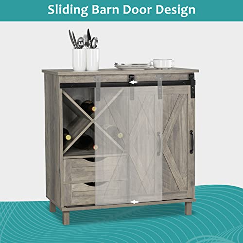 Vingli Farmhouse Barn Door Wine Liquor Cabinet Home Coffee Bar Furniture W/Removable X-Shaped Wine Rack, Rustic Mini Buffet Sideboard Accent Storage Cabinet With 2 Drawers (Wash Grey) #TOP6