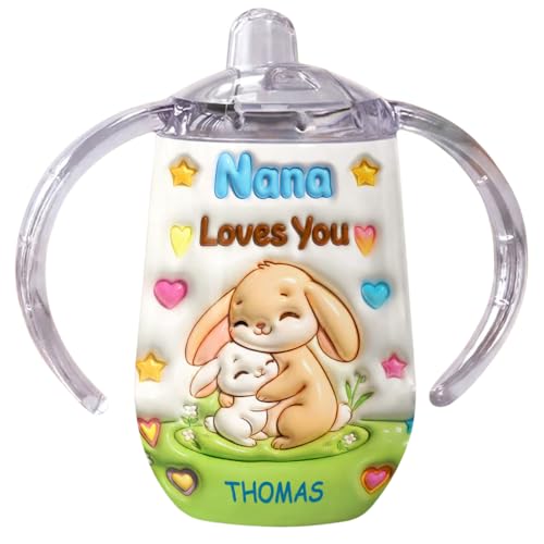 Nana Loves You Personalized Bunny Baby Sippy Cup with Handles, 3D Inflated Effect Cute Bunny Baby Sippy Cups from Nana, Easter Bunny Cup for Baby Boy Girl, Easter Gifts for Kids, Toddler Girl Gift