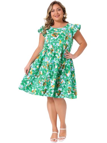 Image of Agnes Orinda Plus Size Summer Dress for Women Boho Flutter Sleeves Round Neck Floral Print Tiered Babydoll Ruffle Dresses