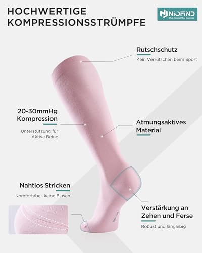 Niofind Kompressionsstrümpfe Damen & Herren, 2 Paar Kniestrümpfe & Stützstrümpfe aus 65% Baumwolle, Reisestrümpfe für Sport, Arbeit, Flug & Schwangerschaft
