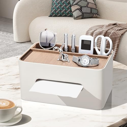 PU Leather Tissue Box Cover Rectangular with Storage Organizer, Multifunctional Remote Control Holder, Desk Organizer for Living Room, Bedroom, Office, Decorative Tissue Holder with Compartments Beige by KINGFOM - Image 3