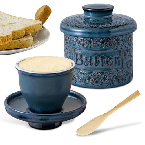 Burriera francese, campana per burro in ceramica con coperchio e coltello da burro, contenitore per burro raffreddato ad acqua, in porcellana con design vintage, per burro spalmabile (blu, L)