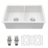 Dcolora 32 In. White Undermount Kitchen Sink, 50/50 Double Bowl Porcelain Ceramic Fireclay Sink, 32'x19'x10'