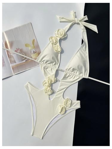 WDIRARA Women's 3D Floral Cut Out One Piece Swimsuit Deep V Neck Tie Halter Backless Swimwear4