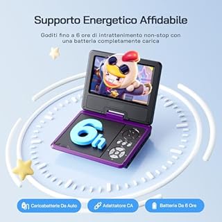 Wolfang - Lettore DVD portatile da 9,5 pollici per bambini e viaggi in auto con schermo HD girevole da 7,5 pollici, durata della batteria 4-6 ore, senza restrizioni regionali, altoparlante stereo