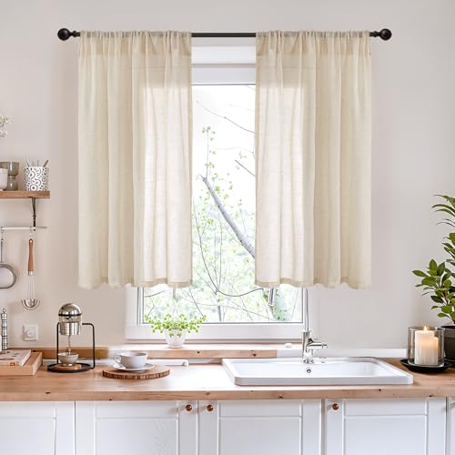 Image of BGment 40 Inch Length Burlap Tan Linen Curtains for Kitchen Window | Short Semi Sheer Drapes Light Filtering with Rod Pocket for Cafe Bathroom Bedroom Lightweight, 2 Panels Set, 42 X 40 Inch