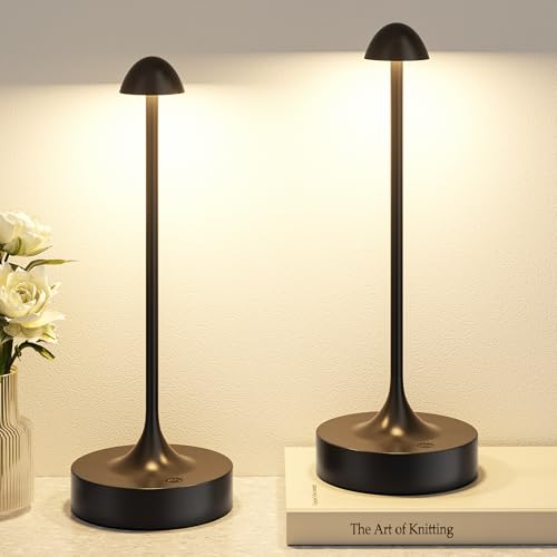 Kakanuo Rechargeable Cordless Table Lamp, Battery Operated Lamps, 3-Color Stepless Dimming, Portable Wireless Desk Lamp, LED Lighting for Dining Room, Restaurant, Office, Bar, Home(Black 2 Pack)