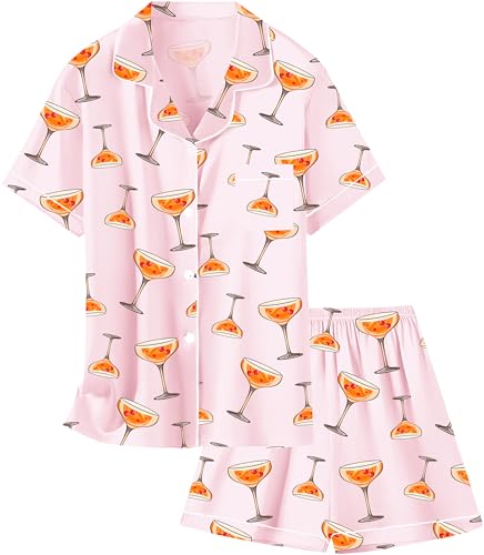 Image of Schbbbta Girls Womens Pajamas, Satin Silky Pjs Set Kids 2Pcs Button-Down Nightwear Sleepwear Gift for Mommy and me