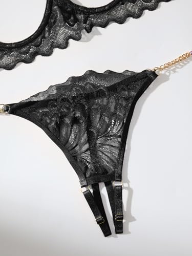 Image of Lilosy Sexy Underwire Floral Lace Sheer Lingerie Set for Women See Through Bra and Panty 2 Piece