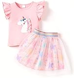 Girls Two Piece Skirt Set Toddler Flutter Sleeve Shirt Rainbow Tulle Skirts Unicorn Party Princess Tutu Dresses Easter Pink 5-6 Years