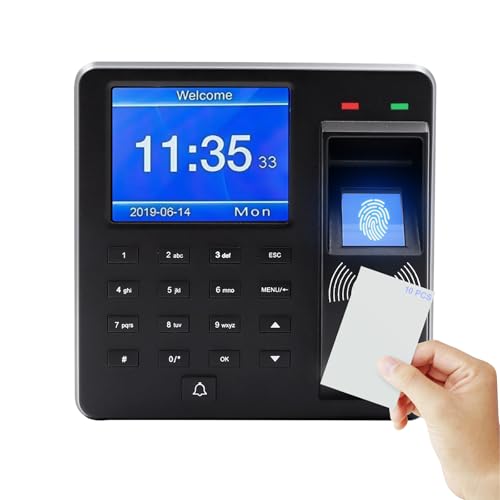 Zeiterfassung für Kleinbetriebe für Büro Arbeitszeiterfassung Stempeluhr mit 10 RFID Karten Fingerabdruck/Passwort 1000 Fingerabdrücke 25 Sprachen Kompatibel mit Zutrittskontrollsystemen