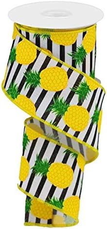 Pineapple Stripe on Canvas Wired Edge Ribbon, 10 Yards (White, Yellow, Black, 2.5 Inch)