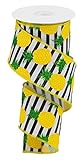 Pineapple Stripe on Canvas Wired Edge Ribbon, 10 Yards (White, Yellow, Black, 2.5 Inch)