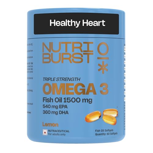 Image of Nutriburst Triple Strength Omega-3 Fish Oil Capsules 1500mg | High Strength Softgels for Men and Women | 540mg EPA and 360mg DHA | Omega3 Supplement for Heart, Brain, Skin & Joint Support | 60 Softgels (1-Month Pack)