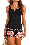 SHEKINI Damen Tankini Set Ribbed Ruched Bauchweg Tankini Oberteil mit High Waist Badeshorts Zweiteiler Badeanzug Bademode S-XXL（L,Schwarz Blumendruck）