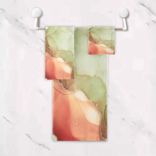 Alaza Orange Yellow Teal Green Marble Ink Abstract Fluid Art Bath Towel Set Luxury Decorative Set Of 3, 1 Bath Towel 1 Hand Towel 1 Washcloth Soft Multipurpose For For Bathroom Hotel Gym Yoga Spa #TOP4