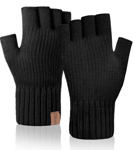 Oliumt Winter Half Finger Gloves Knitted Fingerless Mittens Warm Stretchy Gloves for Men and Women (black, one size)