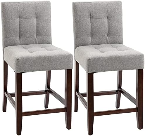 HOMCOM Modern Fabric Bar Stools Set of 2, Thick Padding Kitchen Stool, Bar Chairs with Tufted Back Wood Legs, Grey