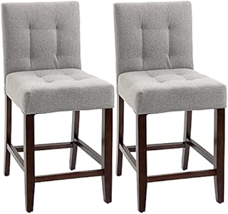 HOMCOM Modern Fabric Bar Stools Set of 2, Thick Padding Kitchen Stool, Bar Chairs with Tufted Back Wood Legs, Grey