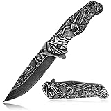 AULAKNIV Eagle Patterned Tactical Pocket Knife with Clip, Stonewash Camping Folding Knives Survival Gear, Gifts for Men