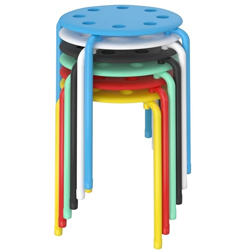 VECELO Set of 6 Stackable Stools with Metal Frame, Colorful Stool for Classroom School Home Office Use, 17.7 Inch Standard Height Portable Chairs No Assembly