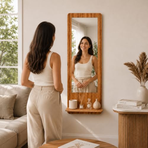 Image of Creative Arts n Frames Full Length Long Wall Mount HD Mirror with Shelf for Bedroom Bathroom Living Room Home Office Decor(15x47 inch Framed Mirror with Shelf Rectangular Natural Iqurel Oak Light)