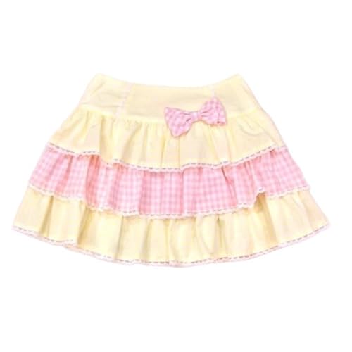 Cute Clad Women Kawaii Y2k Lolita Mini Skirt Sweet Harajuku Bow Tie Multi-Layer Ruffles Pleated Skirts (Yellow,Medium)