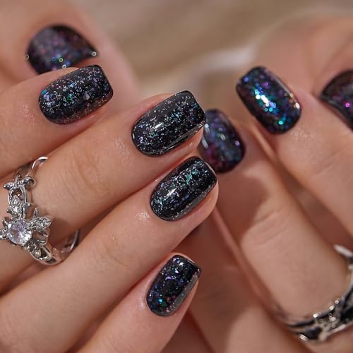 Image of CurvLife Soft Gel Squoval Press-On Nails Short, Reusable Fake Nails with Glue & Adhesive Tabs, 30PCS Salon-Quality Stick-On Nails for At-Home Manicure (Midnight Prism)