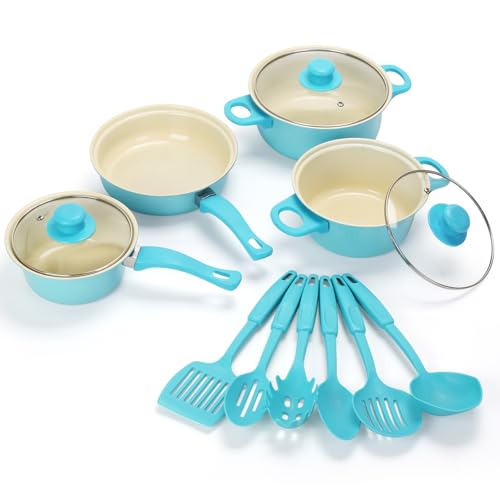 Non-Stick Cookware Set, Portable Lightweight Cast Iron Pots and Pans with Glass Lids and Nylon Utensils - 13 Piece Set, Outdoor Camping Picnic Travel（Blue）