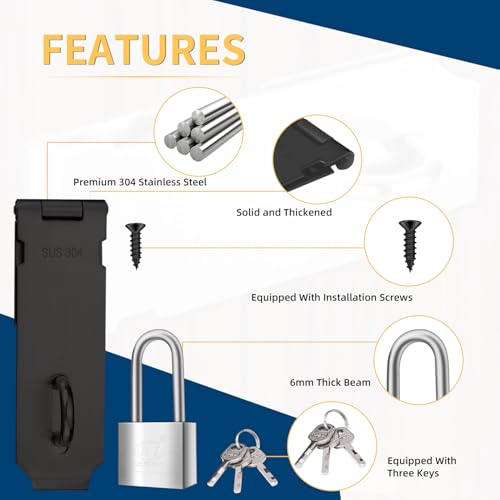 Image of 2 Sets Door Lock Latch 5 Inch Pad Lock Hasp Latch Stainless Steel Latch Lock with 1.5 inch Long Shackle for Cabinets Closet Inside Door (Black)
