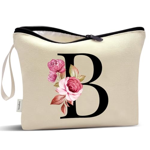 Image of Vavabox A-Z Personalized Makeup Bag, Birthday Gifts for Women Mom, Gifts for Best Friend, Bride Bridesmaid Cosmetic bag (B, Cream Yellow)