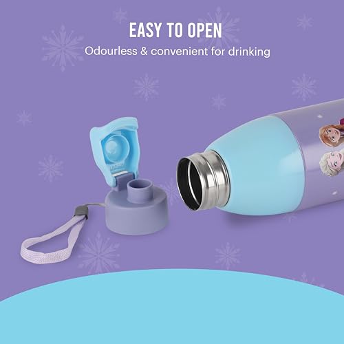 Image of CELLO Kidzbee Uranus 600 Insulated Kids Water Bottle 540ml, Violet | 3D Touch & Feel Frozen Trio Design Easy to Carry Lightweight Leakproof Easy Sip Flip Cap Insulated Water Bottle For School Kids