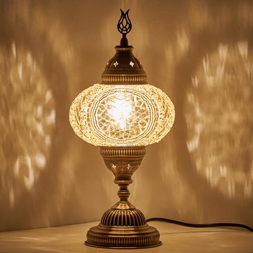 DEMMEX Turkish Moroccan Mosaic Table Bedside Night Lamp, Tiffany Style Colorful Handmade Glass Mosaics Unique Oriental Exotic Table Lamp, 16cm Big Size Globe, 36cm Height, Handmade in Turkey (Gold)