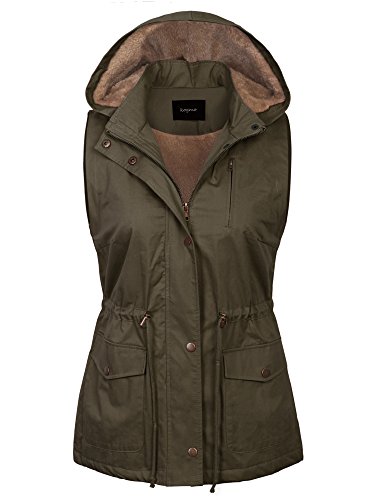 KOGMO Womens Fur Lined Anorak Safari Vest with Detachable Hoodie (S-3X)-M-Olive