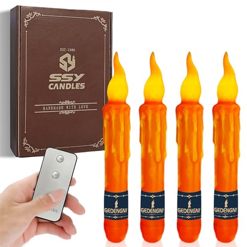 Image of 4pcs Orange Real Wax LED Tapered Candles, Battery Operated, Remote Controlled, 6inches, Perfect for Weddings, Decorations, Emergency Use