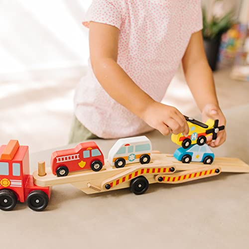 Melissa & Doug Wooden Emergency Vehicle Carrier Truck With 1 Truck And 4 Rescue Vehicles #TOP1