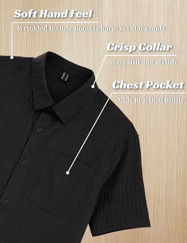 MAGNIVIT Mens Short Sleeve Shirts Button Up Men's Summer Casual Beach Shirts Business Wedding Textured Black Shirt — view 5