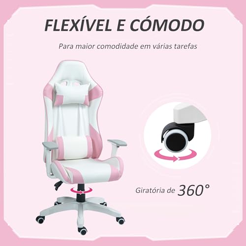 HOMCOM Silla Gaming Reclinable Silla Gamer Giratoria Silla de Oficina Basculante con Cojín Lumbar Reposabrazos 3D Reposacabezas Extraíble y Altura Ajustable 67x60x120-128 cm Blanco y Rosa - imagen 7