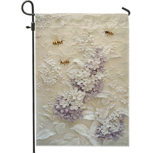 Drapeau floral de jardin printanier et été, élégant lilas blanc et abeilles, bannière de décoration d'intérieur extérieure, drapeau de cour double face pour décoration de jardin, 30,5 x 45,7 cm