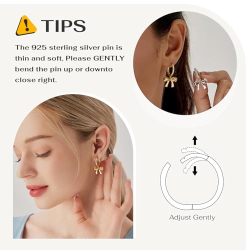MUNDELL 14K Gold Plated Solid 925 Sterling Silver Post Bow Drop Earrings | Dainty Bowknot Hypoallergenic Earring for Women Fine Jewelry 6