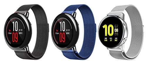 Image of ACM Pack of 3 Watch Strap Magnetic Loop 20mm compatible with Compaq Q Watch Smartwatch Metal Chain Band (Black /Blue /Silver)
