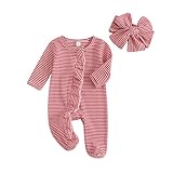 Ayalinggo Newborn Baby Romper Infant Girl One-piece Outfit Waffle Ruffle Zip Footie Spring Summer Clothes With Bow Headband Christmas Red Newborn
